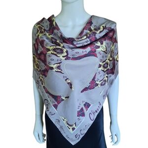 Vintage CHANEL 4-Leaf Clover CC Logo Silk Twill Scarf 34"x34" Grey/Plum/Multi
